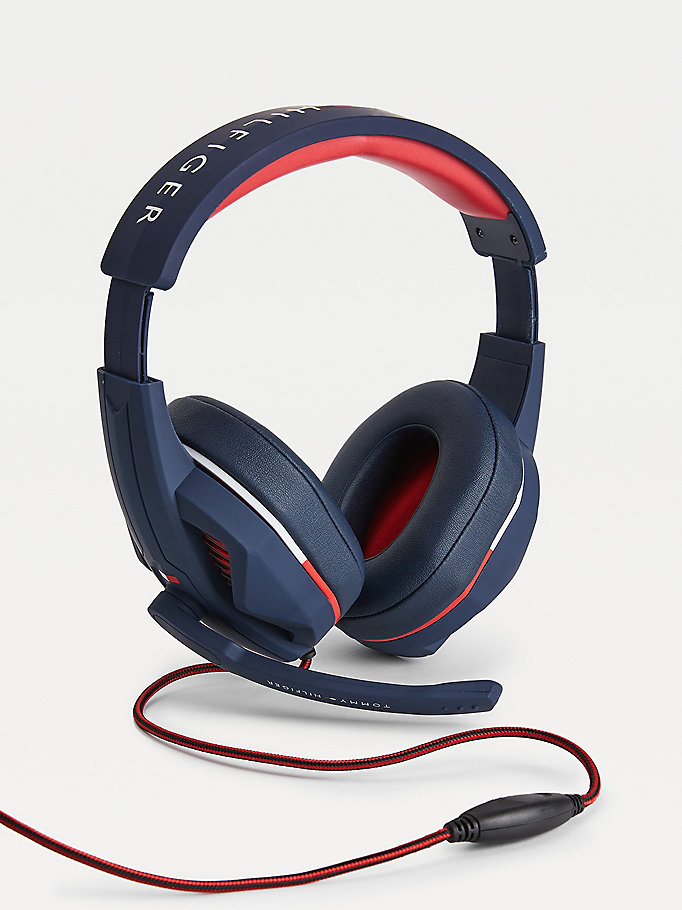 blue built-in microphone led gaming headphones for unisex tommy hilfiger