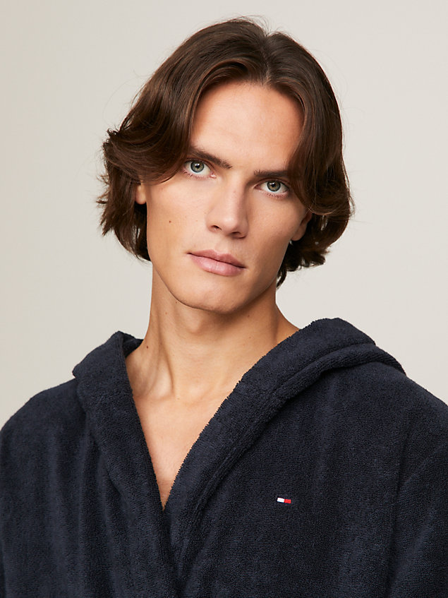 blue pure cotton hooded bathrobe for men tommy hilfiger