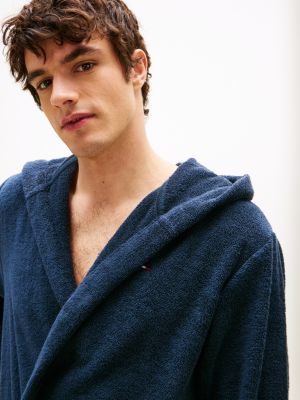 blue pure cotton hooded bathrobe for men tommy hilfiger