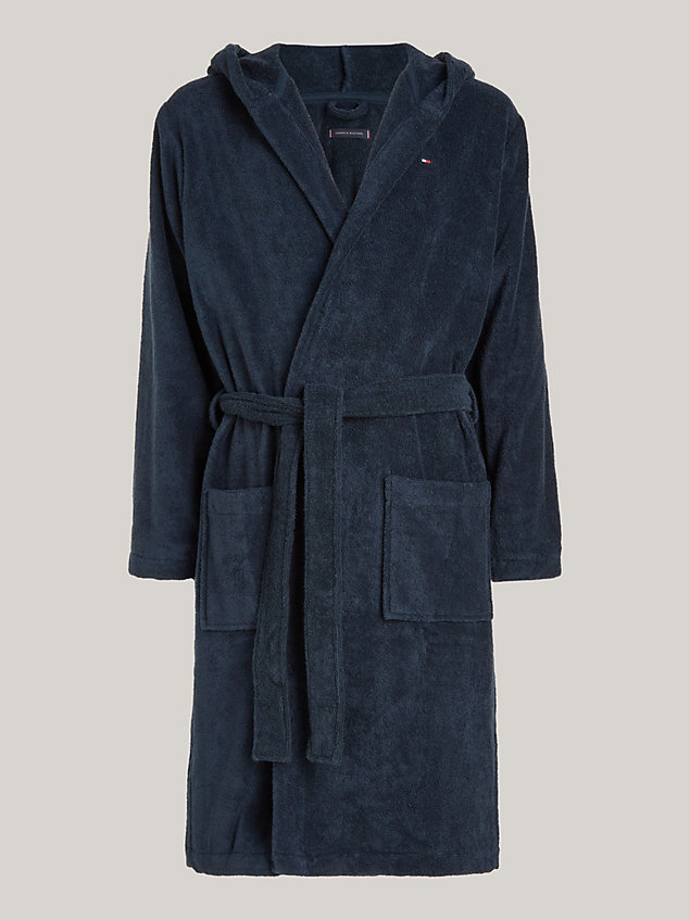blue pure cotton hooded bathrobe for men tommy hilfiger