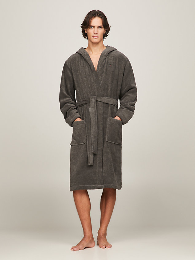 grey bawełniany szlafrok kąpielowy z kapturem dla mężczyźni - tommy hilfiger