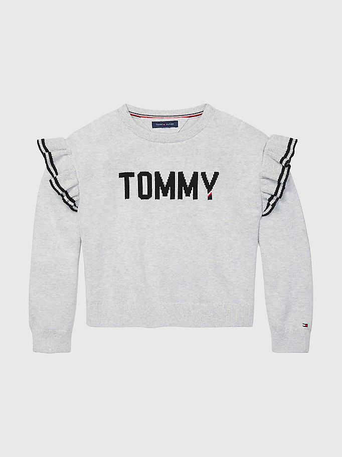 grey adaptive ruffle sleeve logo sweatshirt for girls tommy hilfiger