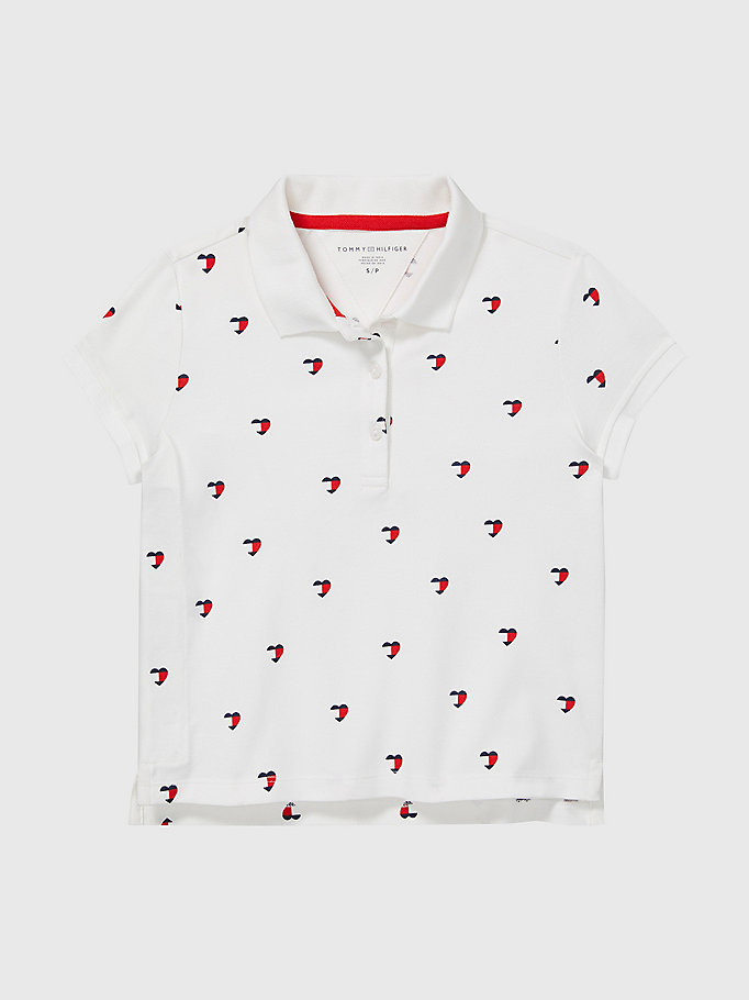 white adaptive seated fit heart print polo for girls tommy hilfiger