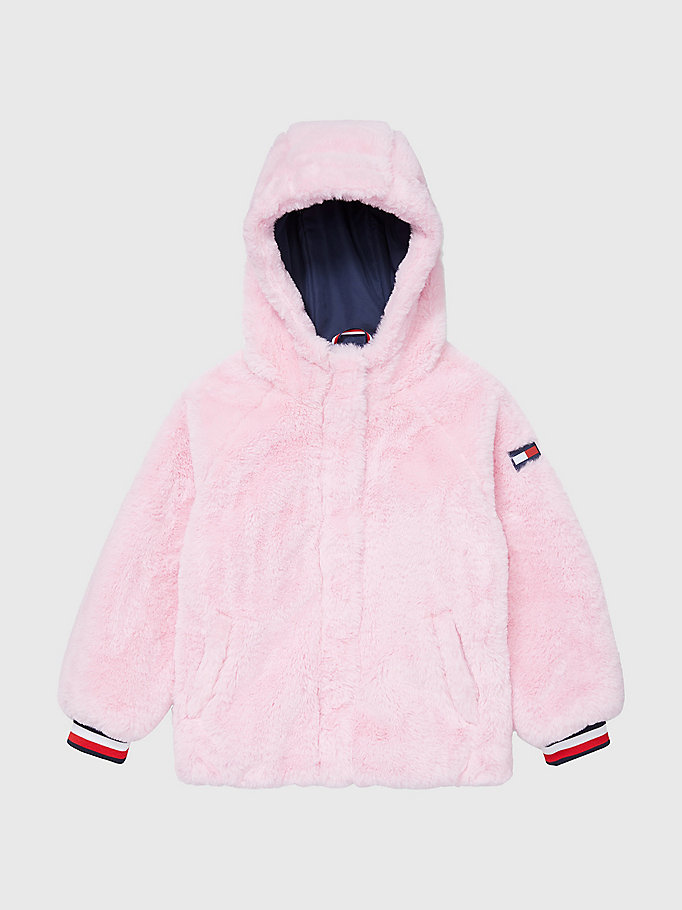 pink adaptive faux fur hooded jacket for girls tommy hilfiger