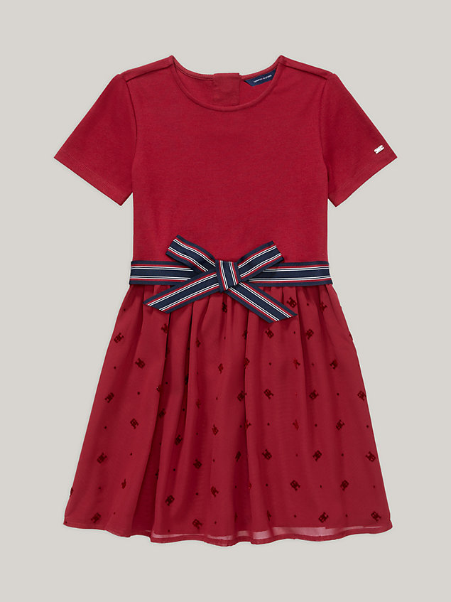 red adaptive th monogram grosgrain bow dress for girls tommy hilfiger