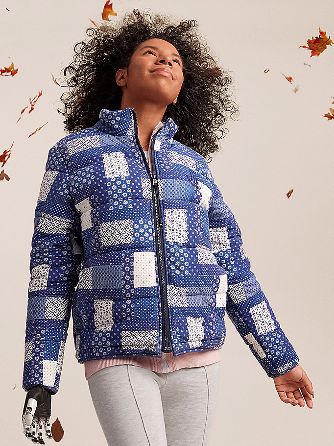 blue adaptive print puffer jacket for women tommy hilfiger