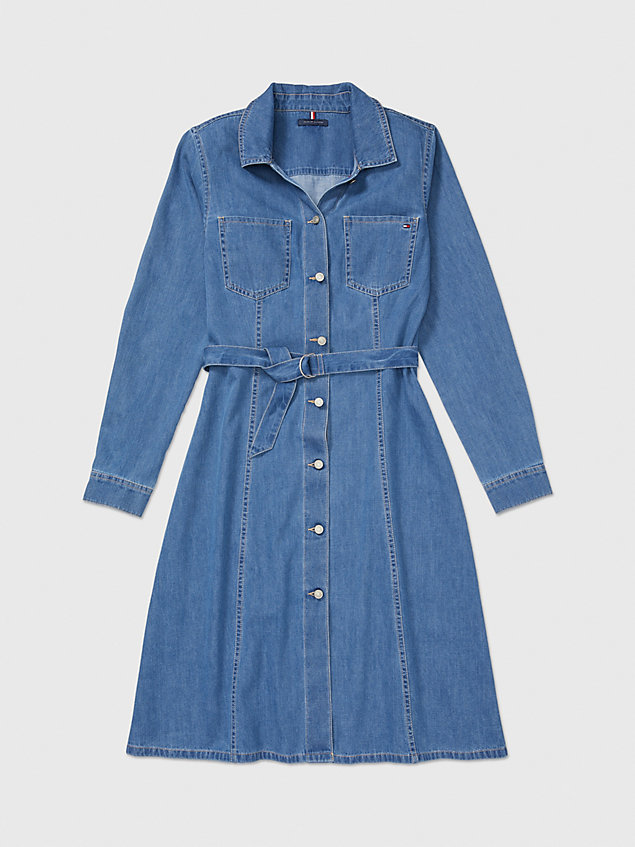 blue adaptive fit and flare knee length denim dress for women tommy hilfiger
