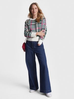 Plus size women houndstooth print slim casual long bell bottoms pants  trousers