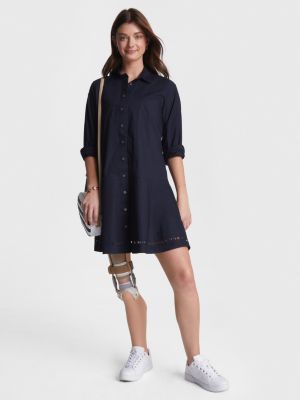 Fit & Flare Short Sleeve Shirt Dress Full Skirt & Pocket & Belt