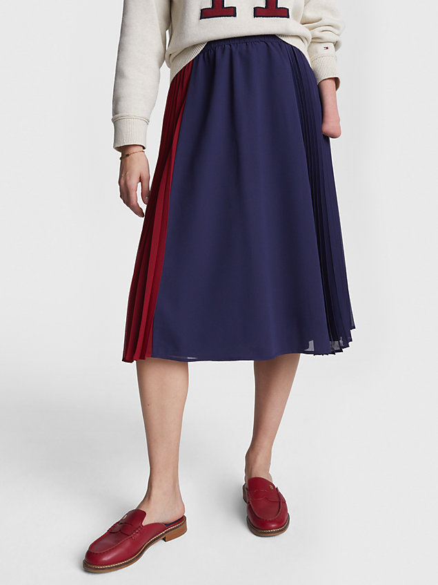 blue adaptive pleated colour-blocked crepe midi skirt for women tommy hilfiger