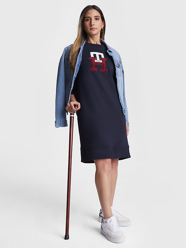 blue adaptive th monogram knee length sweater dress for women tommy hilfiger
