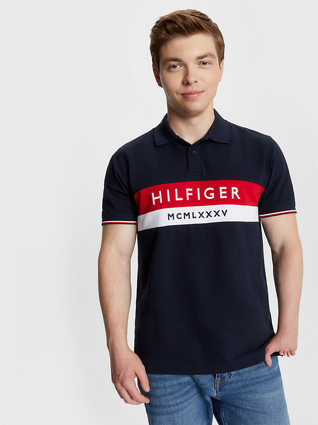 blue adaptive logo embroidery colour-blocked regular polo for men tommy hilfiger