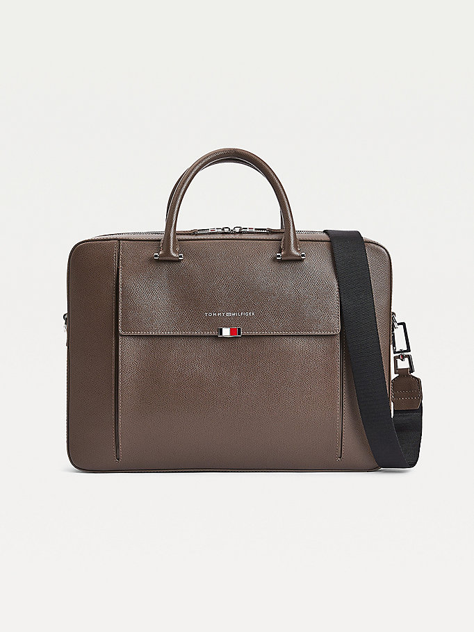 brown th business leather computer bag for men tommy hilfiger