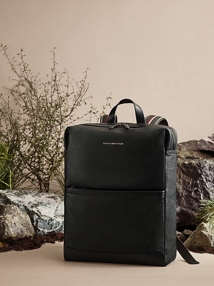 black leather metallic logo backpack for men tommy hilfiger