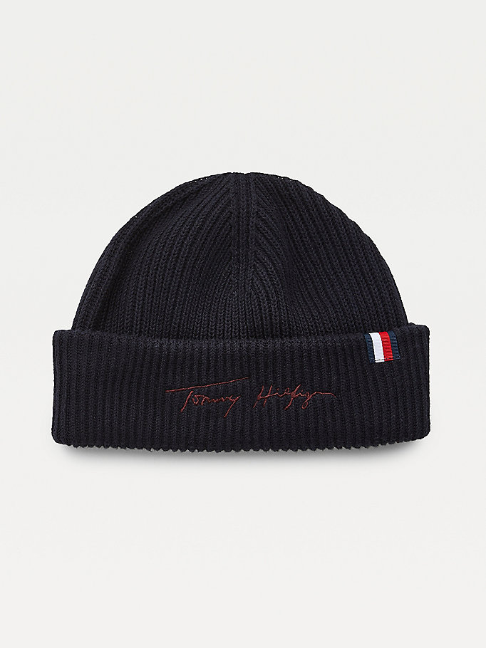 blue signature embroidery rib-knit beanie for men tommy hilfiger