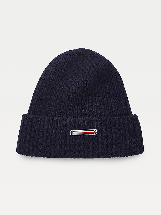 blue pure cashmere rib-knit beanie for men tommy hilfiger