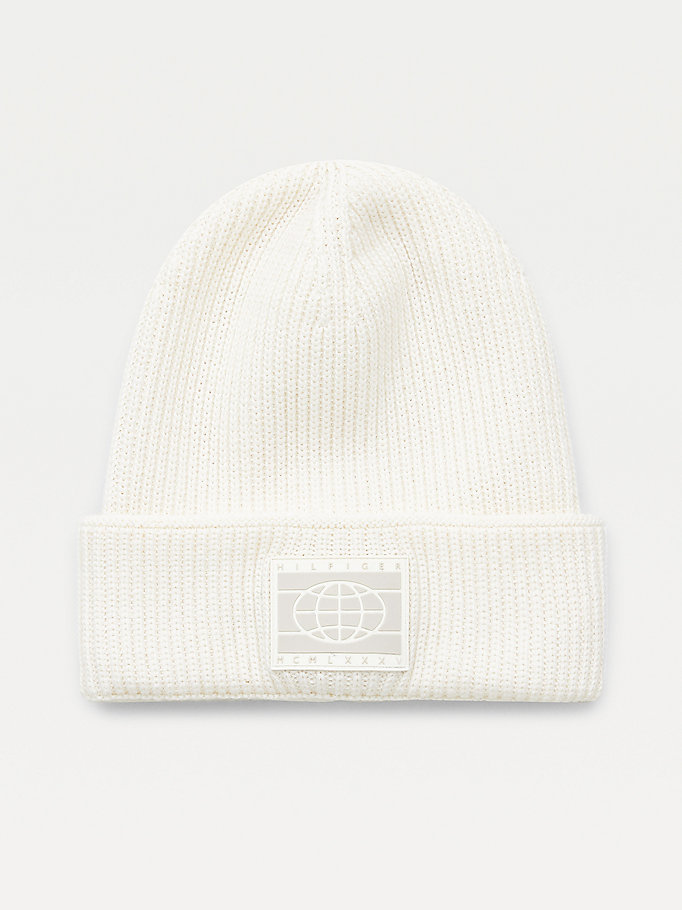 white th tech knitted badge beanie for men tommy hilfiger