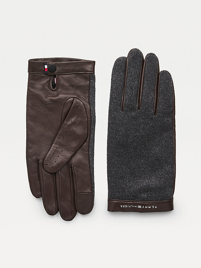 grey herringbone leather gloves for men tommy hilfiger