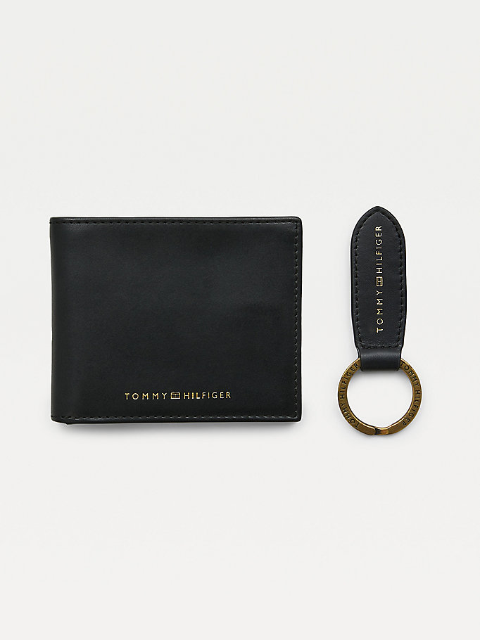 zwart cadeauset met portemonnee en sleutelhanger voor heren - tommy hilfiger
