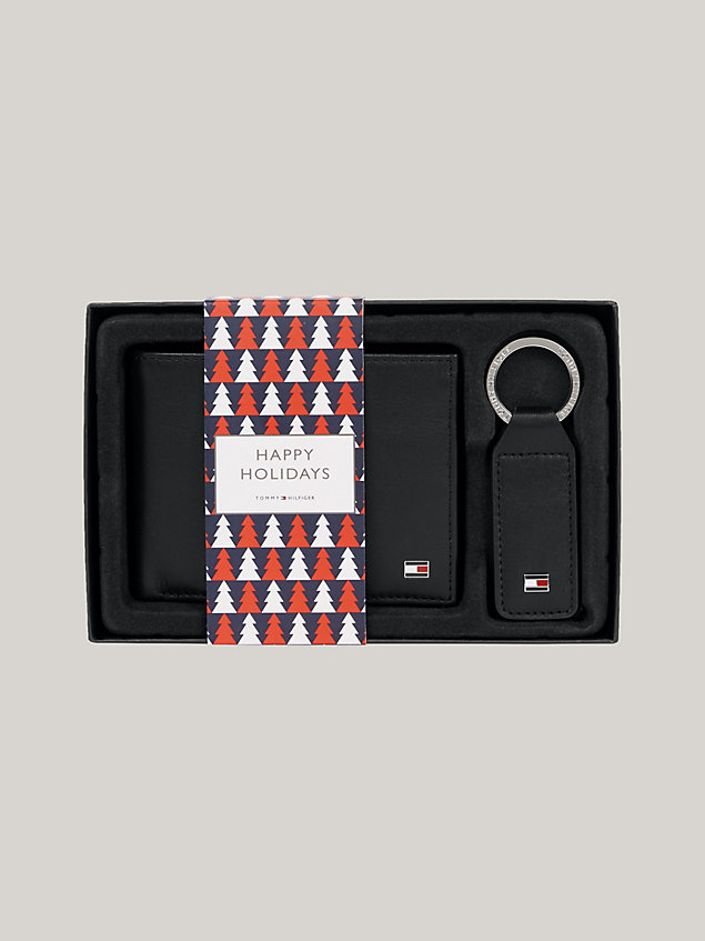 black skórzany portfel i brelok – zestaw prezentowy dla mężczyźni - tommy hilfiger