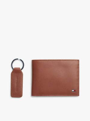 brown leather wallet and key fob gift set for men tommy hilfiger