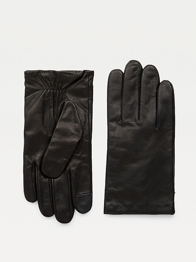 black elasticated cuff leather gloves for men tommy hilfiger