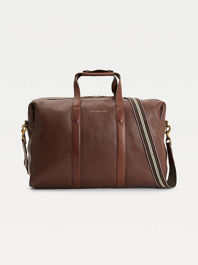 brown casual leather herringbone lining duffel bag for men tommy hilfiger