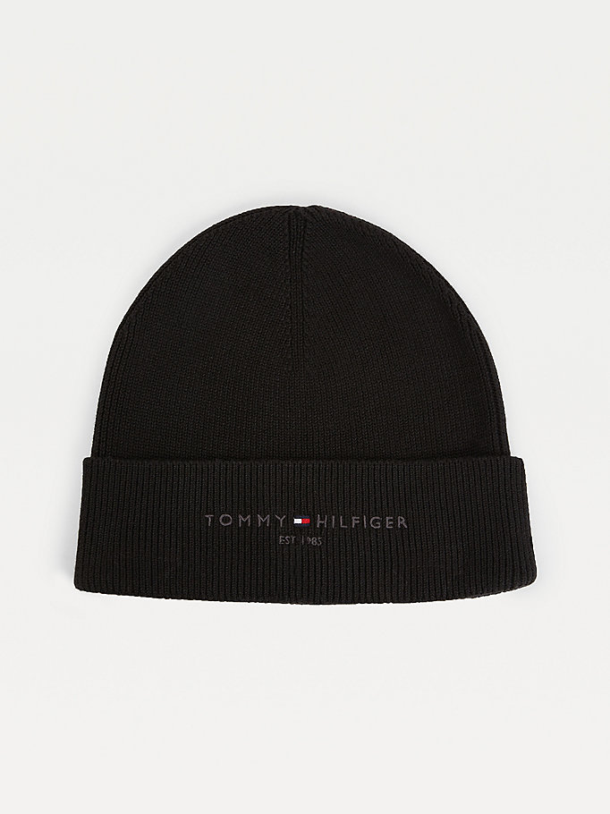 black th established knitted cotton beanie for men tommy hilfiger