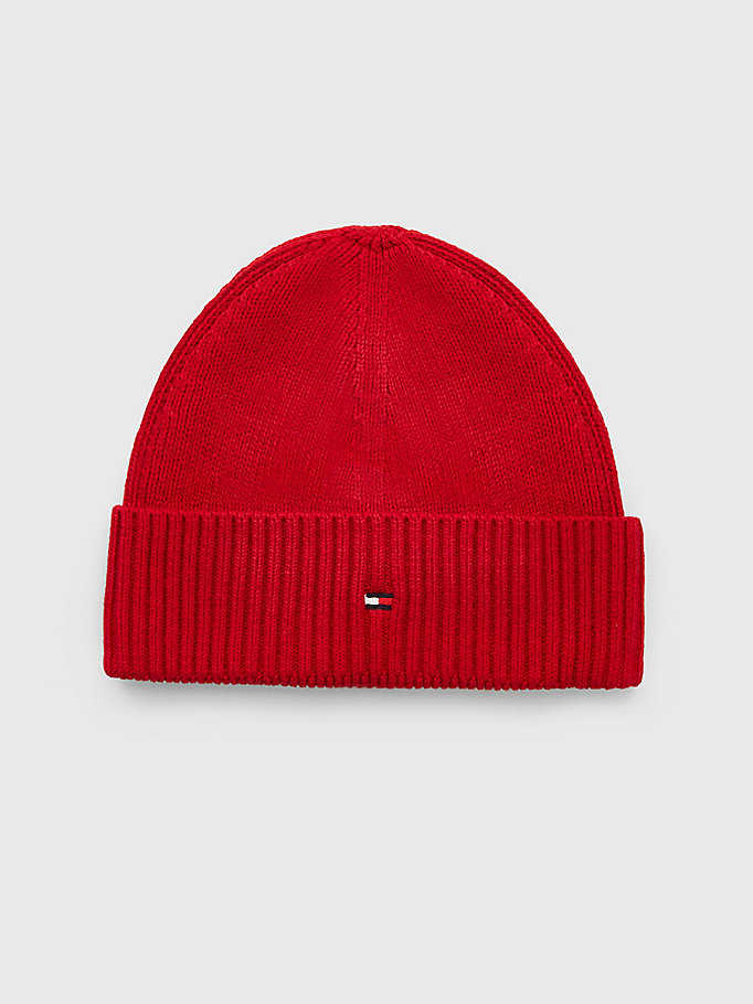 red essential rib knit short beanie for men tommy hilfiger