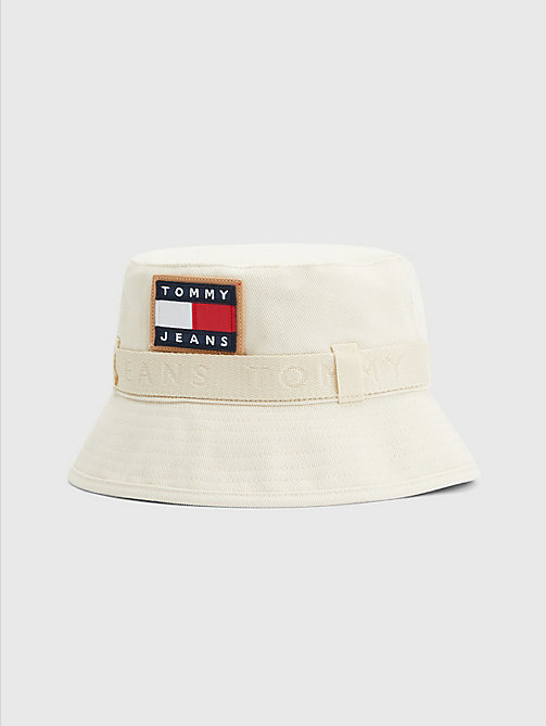 beige tommy badge canvas bucket hat for men tommy jeans
