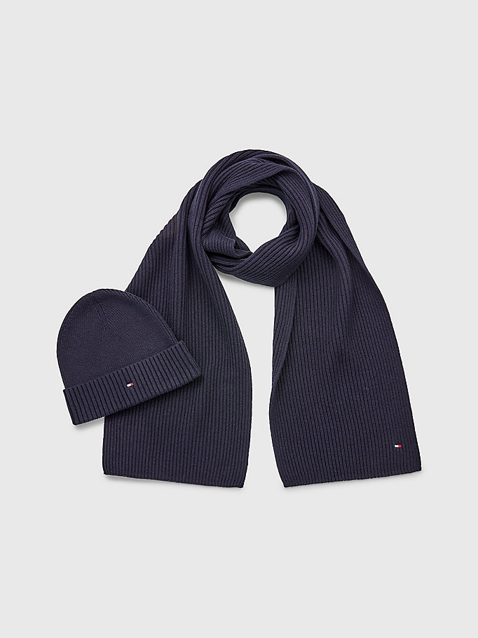 blauw essential cadeauset met sjaal en beanie voor heren - tommy hilfiger