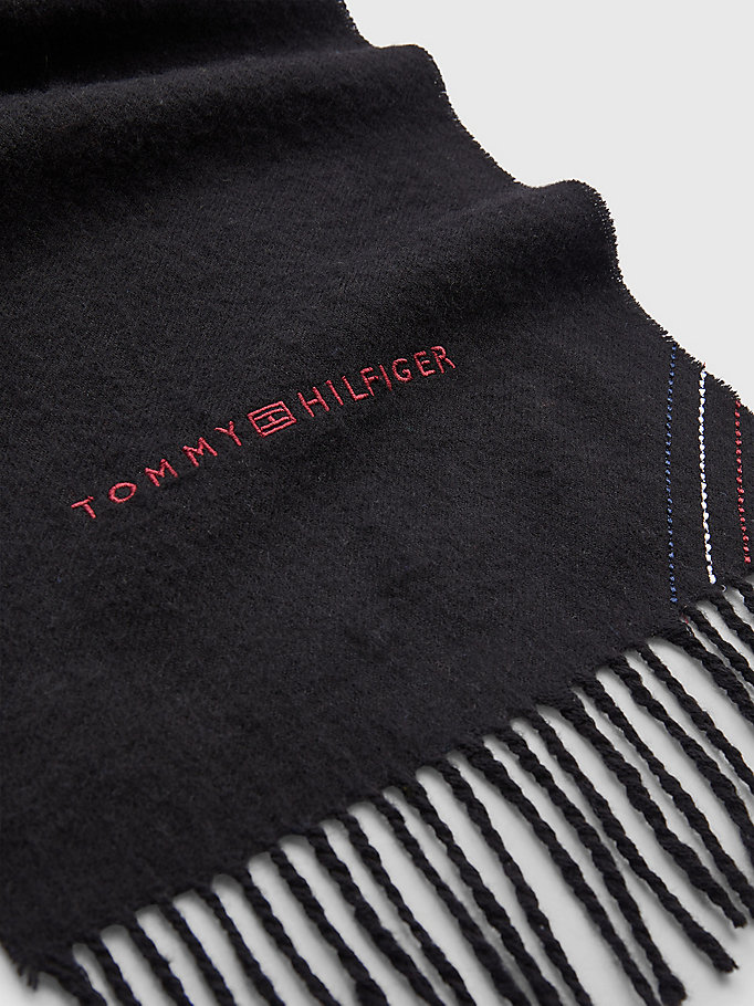 black 1985 collection signature embroidery wool scarf for men tommy hilfiger