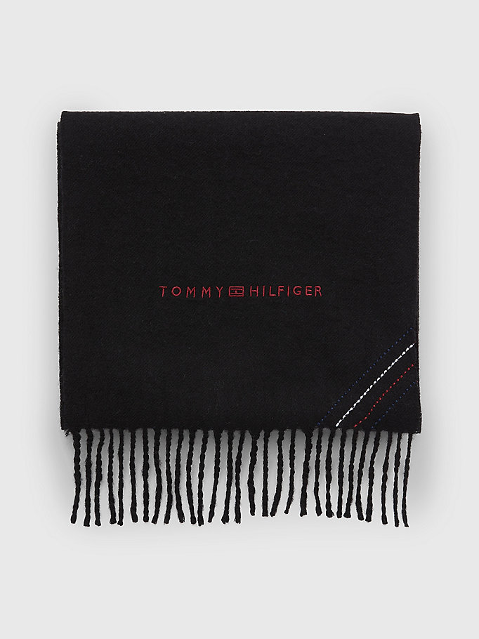 black 1985 collection signature embroidery wool scarf for men tommy hilfiger