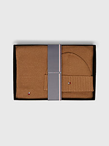 brown essential beanie and scarf gift set for men tommy hilfiger