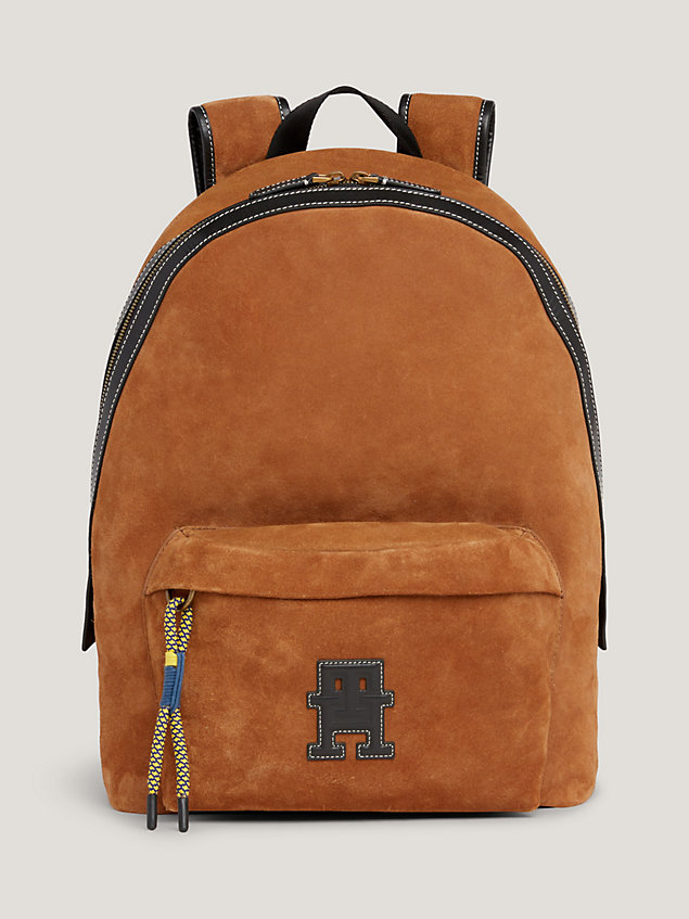 brown th monogram suede dome backpack for men tommy hilfiger