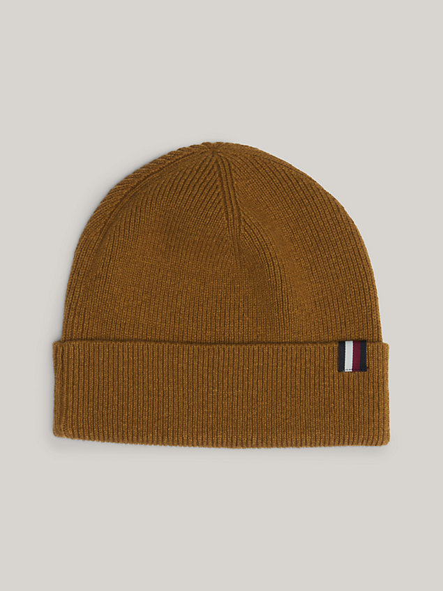 brown signature uptown rib-knit beanie for men tommy hilfiger