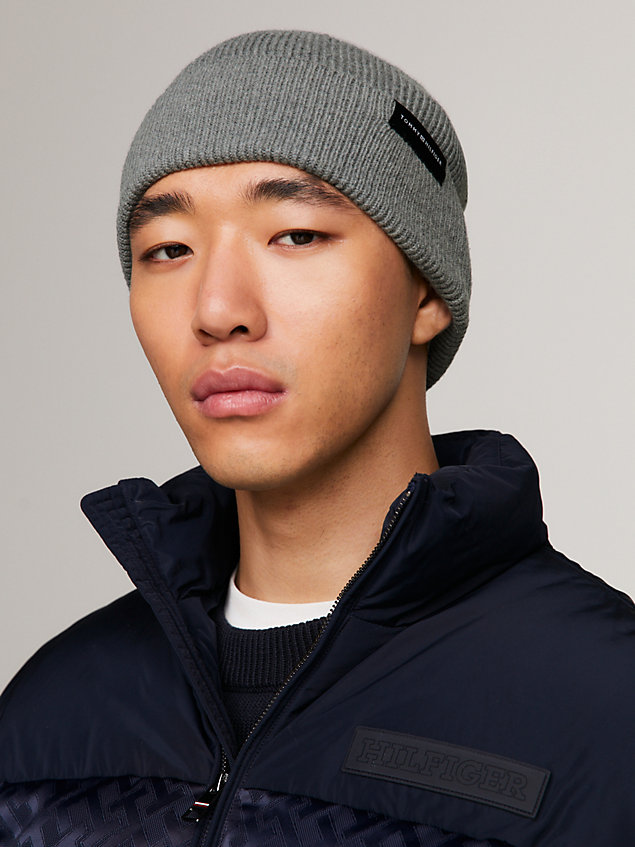 grey signature uptown rib-knit beanie for men tommy hilfiger