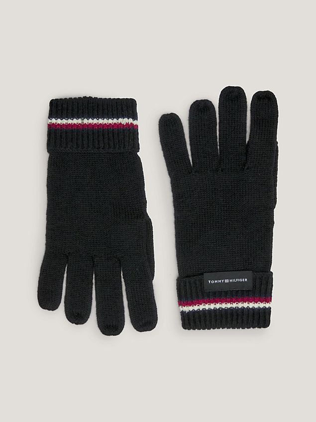 black signature logo rib-knit gloves for men tommy hilfiger
