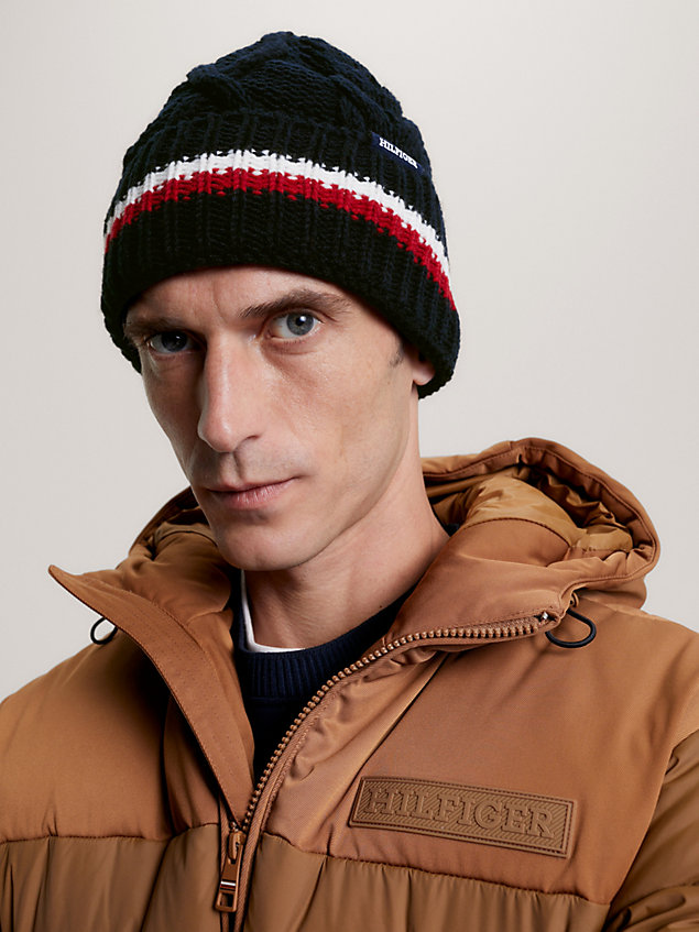 blue hilfiger monotype chunky cable knit beanie for men tommy hilfiger
