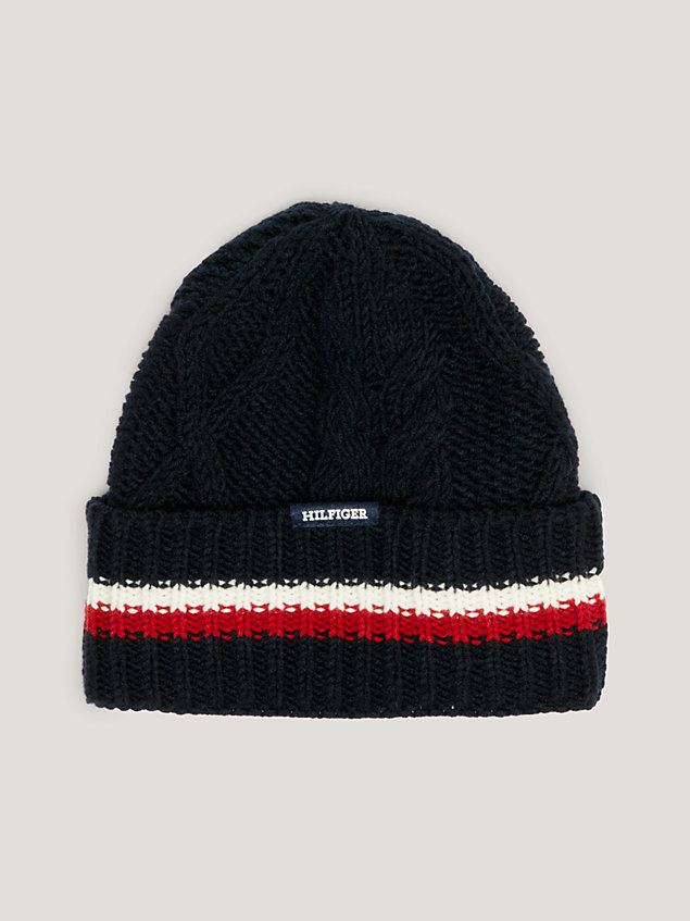 blue hilfiger monotype chunky cable knit beanie for men tommy hilfiger