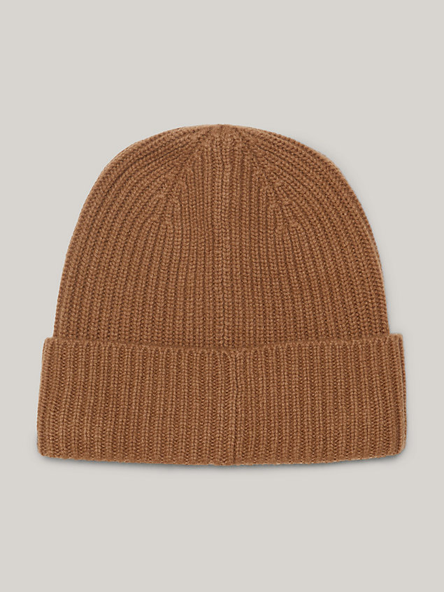 brown elevated cashmere flag plaque beanie for men tommy hilfiger
