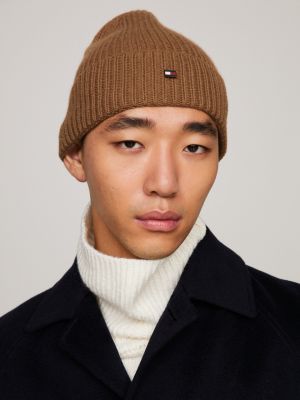 Elevated Cashmere Flag Plaque Beanie | Brown | Tommy Hilfiger