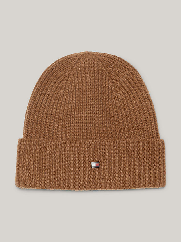 brown elevated cashmere flag plaque beanie for men tommy hilfiger