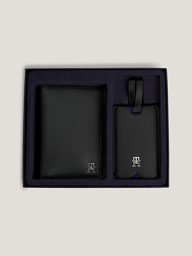 black passhülle und gepäckanhänger aus leder geschenkset für herren - tommy hilfiger