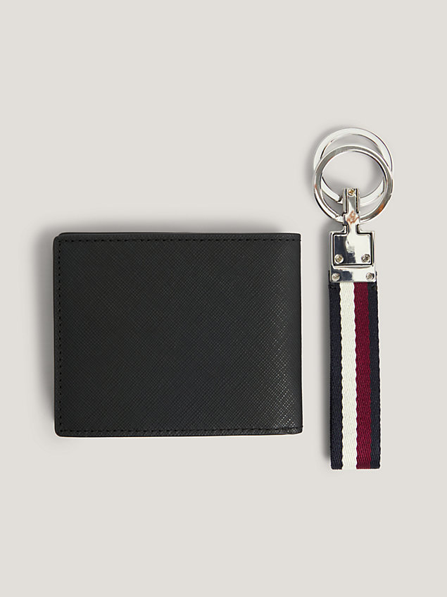 black leather small credit card wallet and key fob gift set for men tommy hilfiger