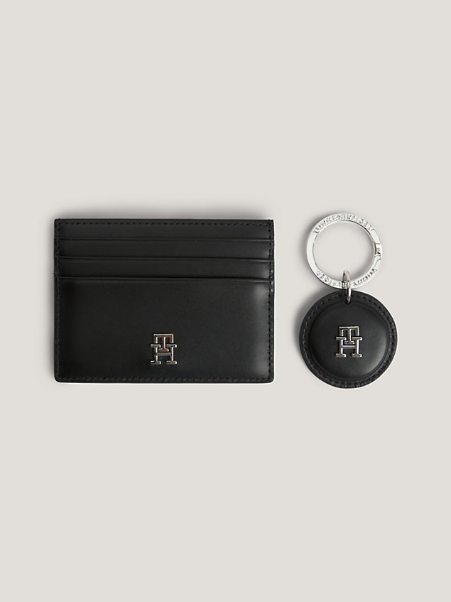 black th monogram leather credit card holder and key fob gift set for men tommy hilfiger