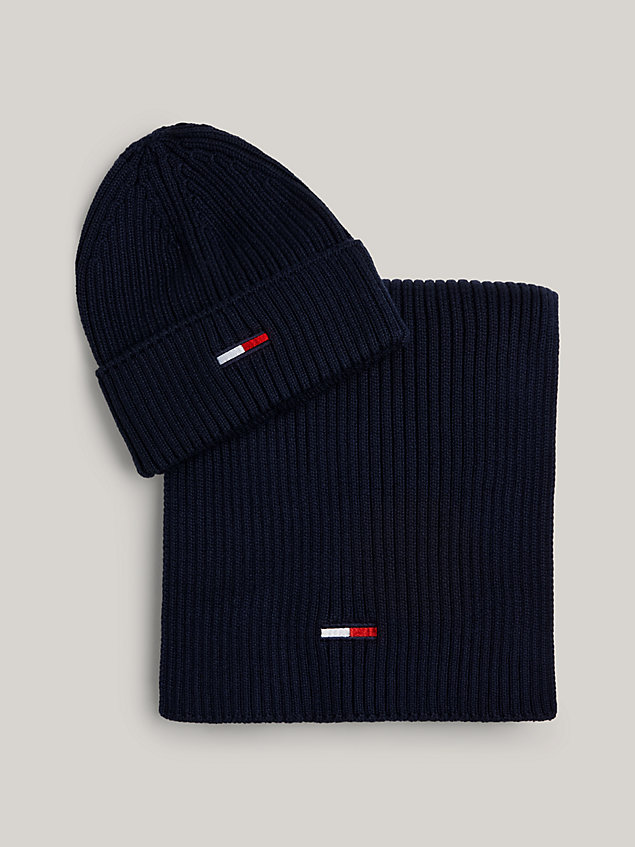 blue flag embroidery beanie and scarf gift set for men tommy jeans