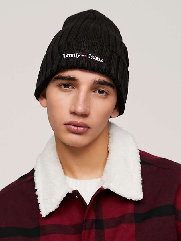 black elevated rib-knit long beanie for men tommy jeans