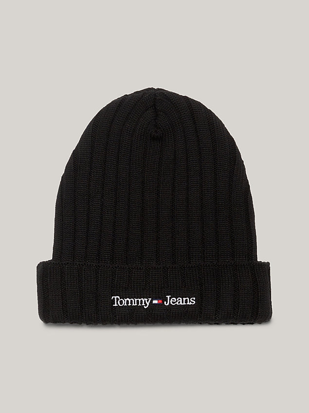 black elevated rib-knit long beanie for men tommy jeans