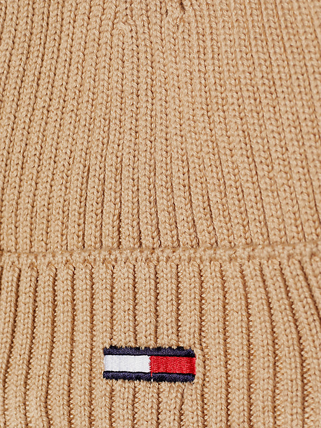 beige rib-knit flag beanie for men tommy jeans
